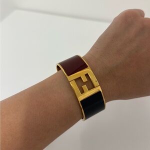 Fendi Enamel Logo Hinged Bracelet – Gold/Black/Burgundy – Size L